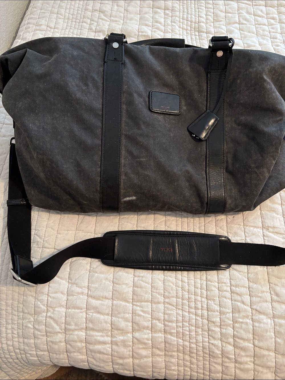 Men's Tumi Black Canvas Travel Duffel Bag with Leather Trim